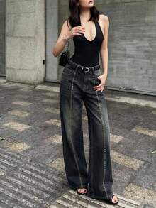 Aloruh 女士纯色休闲日常牛仔裤 - 藍色 - 查看 1