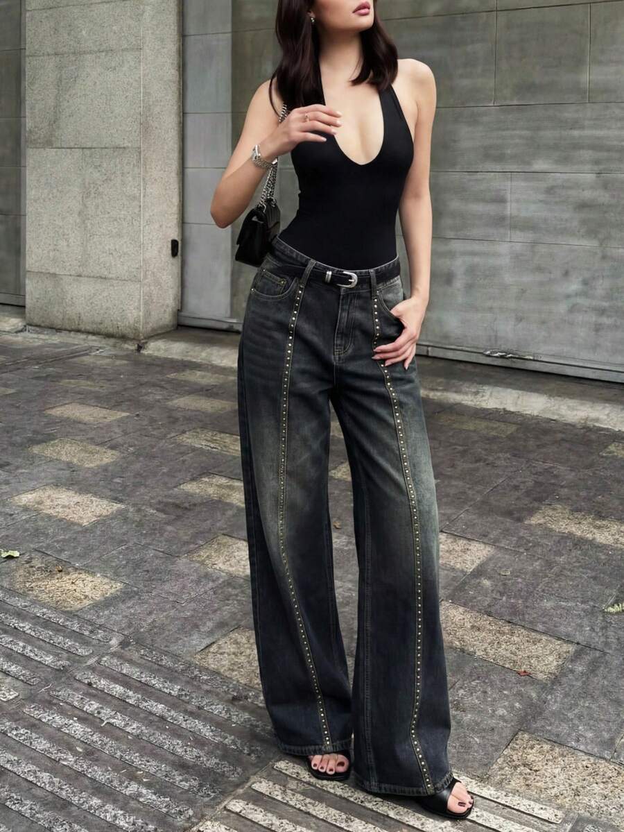 Aloruh 女士纯色休闲日常牛仔裤 - 藍色 - 查看 1