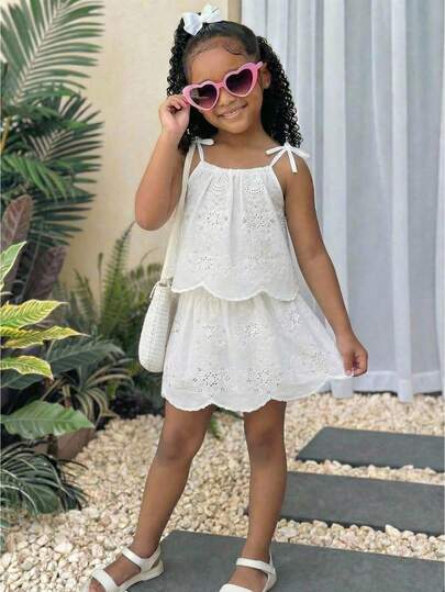 2pcs/Set Young Girl Crochet Embroidered Solid Color Halter Lace Hem Casual Top And Mini Skirt, Cute, Elegant, Sweet, Retro And Fashionable. Suitable For Moms, Daughters, Sisters Matching, Vacation, Holidays, School, Daily Wear, Home Gathering And Special Occasions, Spring/Summer
