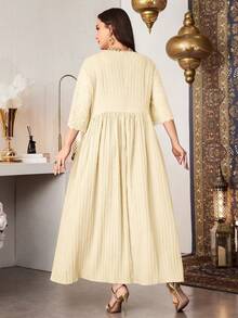 Vestido formal elegante de encaje con parches, cuello redondo, color borgoña para mujeres de talla - Albaricoque - Ver 3
