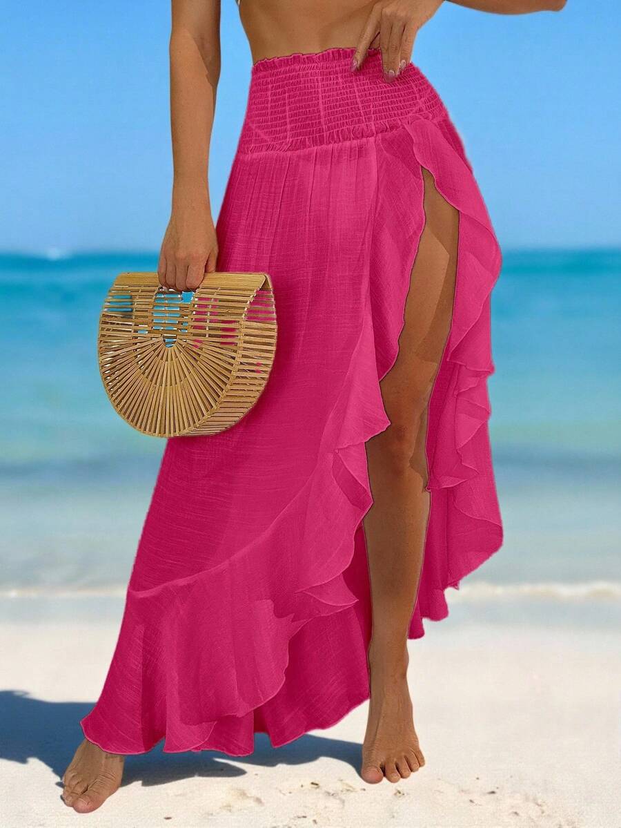 Swim Vcay Đầm maxi đi biển dáng xòe lá sen bằng chiffon nhẹ, xẻ tà, thích hợp cho kỳ nghỉ xuân của nữ. - Màu Hồng Tươi - Xem 1