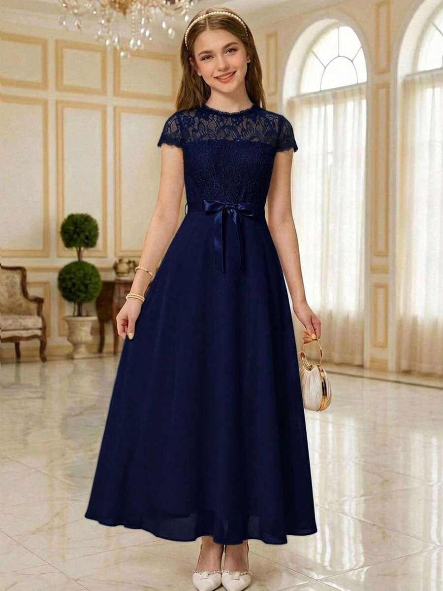 Pitira Teen Girls'Navy Blue Elegant Flower Girl Dress,Summer Water-Soluble Embroidery Sheer Patchwork A-Line Maxi Dress For Bridesmaids,Party Gown & Evening - Navy Blue - View 1