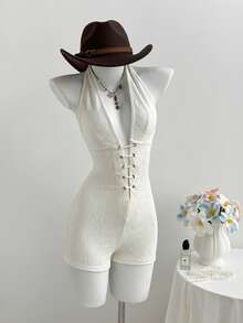 Elamini Bộ jumpsuit nữ in họa tiết Paisley, cổ chữ V khoét sâu, lưng chéo, chất liệu chun co giãn, thích hợp cho tiệc tùng phong cách Bohemian, mùa hè. - Màu be - Xem 4