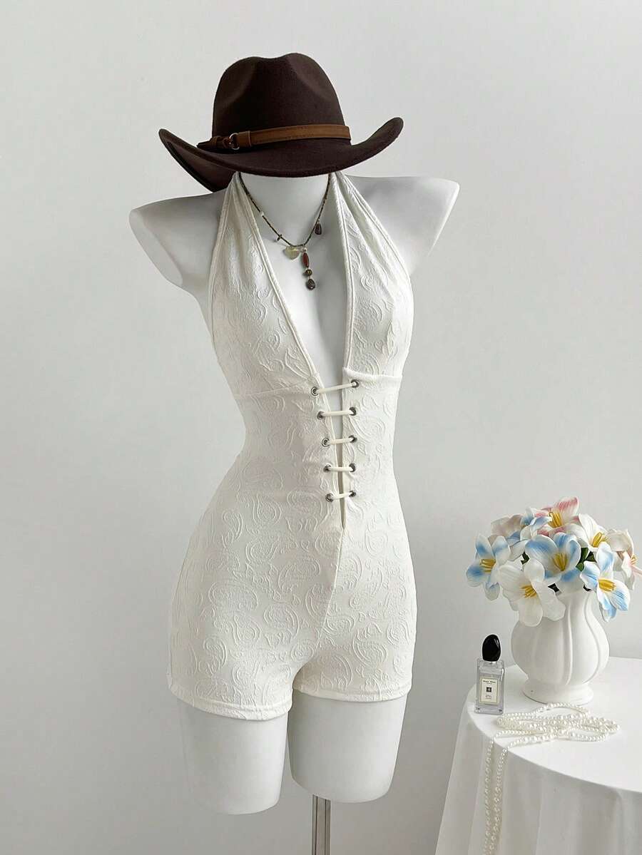 Elamini Bộ jumpsuit nữ in họa tiết Paisley, cổ chữ V khoét sâu, lưng chéo, chất liệu chun co giãn, thích hợp cho tiệc tùng phong cách Bohemian, mùa hè. - Màu be - Xem 1