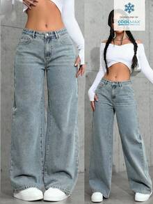 SHEIN Tall Women's Fashion Casual Daily Versatile Wide Leg Straight Mid-Rise Jeans - Light Wash - View 2
