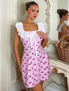 SHEIN Women's Elegant Pink Plaid Ruffle Collar Low Neck A-Line Mini Dress, Summer - Multicolor - View 5