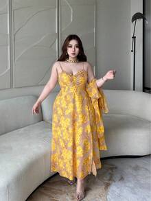 Vibekara Conjunto de 2 piezas de cárdigan y vestido de tirantes minimalista de gasa floral para verano, de corte slim, rejuvenecedor para vacaciones en la playa - Amarillo - Ver 5