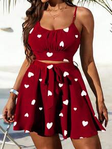 SHEIN Unity Set da due pezzi da donna taglie forti, elegante, con stampa a cuore, canotta con schiena scoperta e vita annodata, gonna a-line a farfalla midi, adatto per spiaggia, festa, festival musicale, primavera/estate, versatile - Multicolore - Visualizzare 7