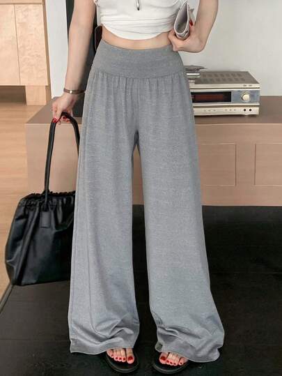 K-Vae Women's High Waist Solid Color Elastic Waist Casual Wide Leg Pants