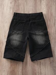 Manfinity Joysei 男士口袋破洞阔腿宽松休闲牛仔短裤男士街头潮流牛仔裤外出都市休闲街头度假 - 黑色 - 查看 2