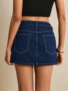 Poéselle Chân váy denim tối màu thanh lịch, đa năng dành cho nữ, đính ngọc trai, thích hợp cho các buổi hẹn hò. - Màu xanh lam - Xem 2