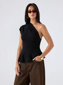 LYSMO 2026 New Minimalist Spring Women's Solid Color Asymmetric Neckline Ruched Elegant Knit Top, Black - Black - View 4