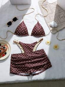 Swim Mod Conjunto de traje de baño con estampado de lunares para mujeres, ideal para vacaciones en la playa - Multicolor - Ver 8