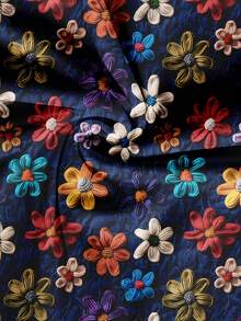 EMERY ROSE Plus Size Casual Floral Print Short Cap Sleeve Shirt - Navy Blue - View 7