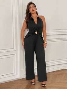 Femmeverse Plus Size Women's Sleeveless V-Neck Sexy Slim Long Jumpsuits - Black - View 3