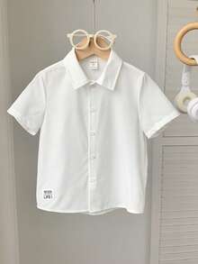 SHEIN 1pc Young Boys' Minimalist Silhouette All-Match White Short Sleeve Shirt, Suitable For Daily Wear, Outings, Wedding Season, Holiday Parties, Summer Beach Vacations, Spring/Summer - White - View 7