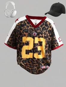 SHEIN 少女豹纹数字拼接V领运动衫，街头服饰 - 彩色 - 查看 3