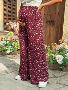 Pantalones casuales de maternidad de cintura ajustable con estampado completo para uso diario - Burdeos - Ver 3