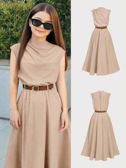 Firerie Kids NovaGlow Tween Girl Tween Girls Casual Chic Commuter Stand Collar Flare Waist Khaki A-Line Dress