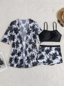 Swim Lushoire 女士热带椰树印花三件套泳衣：吊带上衣、高腰短裤和网纱罩衫，适合海滩度假 - 黑與白 - 查看 3