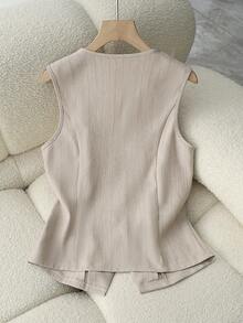 Franclia Fashionable Elegant Versatile Striped Sleeveless Women's Spring/Summer Blazer - Khaki - View 2