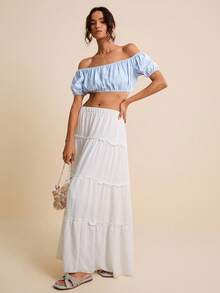 LOTSLUV Women's Blue & White Striped Off-Shoulder Short Sleeve Cropped Top, Spring/Summer - Blue and White - View 5