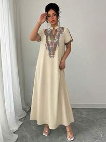Rafferiza Contrast Color Embroidered Jewel Collar Loose Long Dress For Women - Apricot - View 6