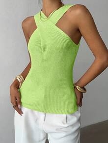 Elenzga Sweater Rajut Wanita Desain Unik Minimalis dengan Kerah Silang Kasual untuk Kembali ke Sekolah, Musim Semi/Gugur - Hijau - View 4