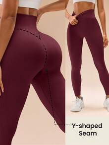 Easithlete Leggings esportivas casuais versáteis de cintura alta e cor sólida para mulheres. - Borgonha - Ver 2