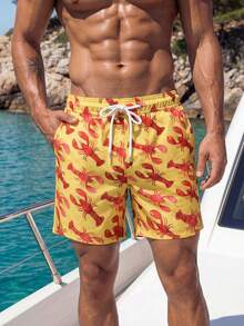 Manfinity Swimmode Men's Casual Fashionable Lobster Print Beach Shorts - Mustard Yellow - View 1