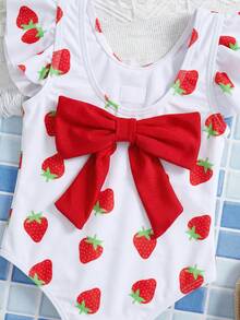 SHEIN 女婴草莓印花露背系带荷叶袖连体泳衣，适合海滩度假、泳池派对、沙滩派对 - 彩色 - 查看 2
