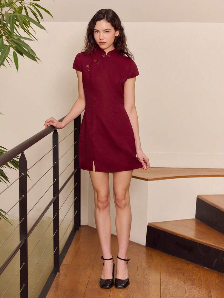 lacRébo Elegante vestido mini de tweed rojo festivo con cuello Mao, ideal para Navidad - Rojo - Añade 5