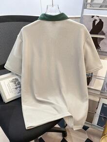 Manfinity Joysei 男士字母刺绣撞色短袖休闲通勤 Polo 衫 - 杏色 - 查看 2