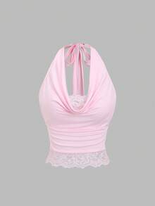 Sweetra Áo tank top nữ màu hồng phối ren, cổ xếp ly, dáng rộng, thích hợp cho mùa xuân/hè, áo hồng, áo hè cho nữ, áo nơ dễ thương, áo nữ tính. - Hồng - Xem 3