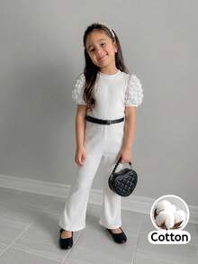 SHEIN 女婴可爱夏季针织百搭泡泡袖连体衣 - 白色 - 查看 6