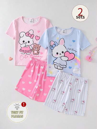 4pcs Girls Cute Cartoon Theme Pink Blue Heart Striped Dress, Rabbit Bow Pattern Short Sleeve Shorts Snug Fit Pajamas