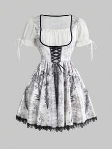 ROMWE Spring/SummergraphicGothic Lolita Skeleton & Thorn Print Contrast Lace Trim Fitted A-Line Skater Dress, Spring/Summer - White - View 1