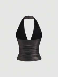 Sweetra Nuevo top de tirantes de tela elástica con hebilla metálica brillante, chaleco ajustado con escote en V y espalda descubierta, estilo streetwear Y2K para fiestas, color marrón café - Negro - Ver 2