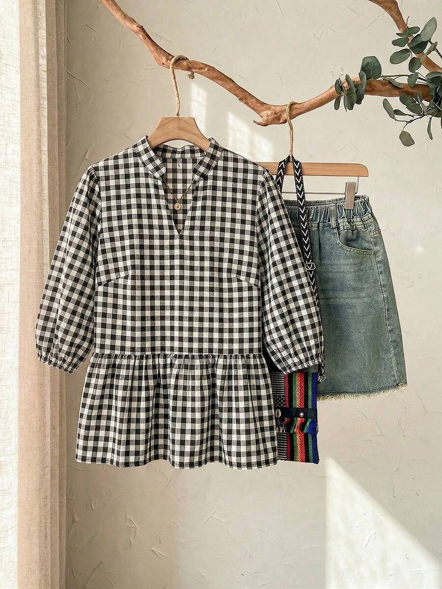 Franclia Camisa de mujer de manga corta con estampado de cuadros, tela tipo lino con estampado de cuadros, fruncido en la cintura, cuello con muesca, mangas cortas, blusa ligera de estilo francés casual con estampado de guinga, blusa a cuadros, blusa a cuadros para mujer, blusa campestre para mujer para picnic - Multicolor - Ver 1