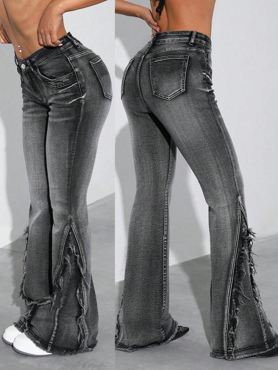 SHEIN ICON Quần jean ống loe đã giặt viền sờn - Xám - Xem 1
