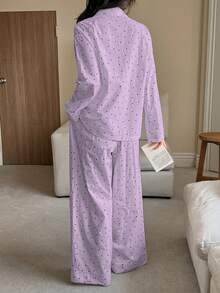 DAZY Set 2 Potong Kardigan Lengan Panjang Motif Polkadot dan Celana Panjang Piyama, Pakaian Tidur Musim Semi Wanita - Mauve Purple - View 2