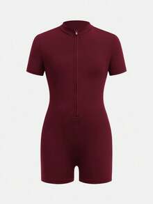 SHEIN Tween Girls Zip Up Half Zip Unitard,Back To School,Leisure Outing - Burgundy - View 2