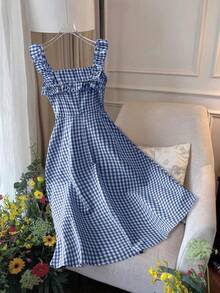 Franclia Women's Casual Vacation Red Plaid Spaghetti Strap Fitted A-Line Midi Dress, Spring/Summer - Royal Blue - View 2