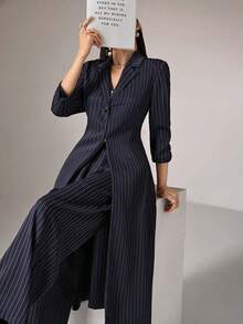 Heiryn 2 件套女士休闲条纹长外套和裤子套装，适合秋季 2 件套 - 藏蓝色 - 查看 4