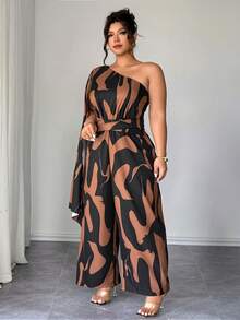 Elenzga 大码女士优雅复古印花连体裤，不对称肩部设计，收腰显瘦，休闲时尚，适合冬季穿着。 - 棕色 - 查看 4