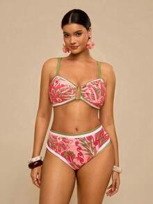 Travachic 大码女式夏季沙滩印花休闲比基尼三角裤泳衣套装 - 粉色 - 查看 3