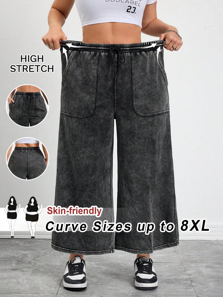 SHEIN CURVE+ 大码休闲水洗抽绳腰阔腿牛仔裤，春夏嘉年华服装通勤度假毕业时尚Y2K可爱街头风派对婚礼优雅商务休闲女式大码阔腿裤，带松紧腰带和口袋，水洗黑色 - 黑色 - 查看 1