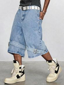 ROMWE MEN Grunge Punk Men's Partial Strap Decorative Denim Shorts - Blue - View 9