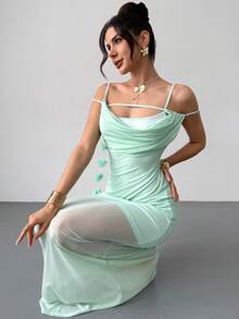 Firerie Đầm nữ thanh lịch, tinh tế, lãng mạn, hở lưng, họa tiết hoa, cổ xếp ly, thích hợp cho các buổi dạ hội, đám cưới, tiệc tùng, trang phục mùa hè trang trọng, đi làm, hàng ngày, ngày Valentine, tiệc tùng. - Màu xanh Bạc hà - Xem 6