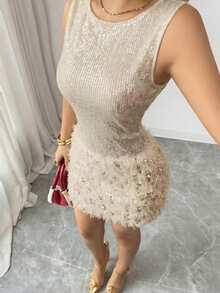 Rafferiza Đầm đỏ rượu vang đính sequin thanh lịch, thường ngày dành cho nữ, thích hợp cho dịp lễ Giáng sinh. - Màu be - Xem 5